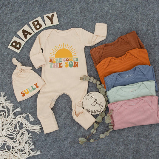 Here Comes The Son Baby Bodysuit & Hat Set Retro Announcement Outfit Summer Baby Boy Gift Vintage Pastel Colors