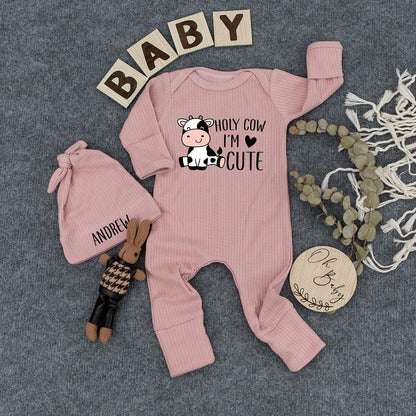 Holy Cow I'm Cute Baby Bodysuit & Hat Set Retro Coming Home Announcement Funny Baby Boy Girl Outfit