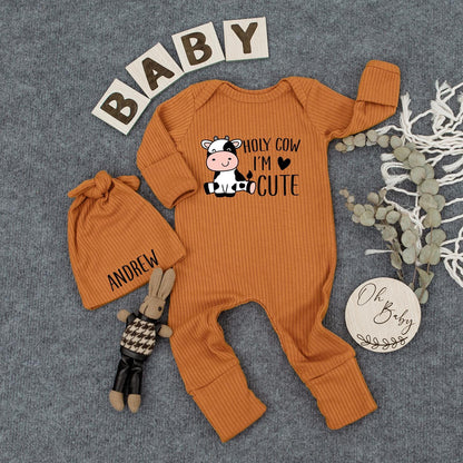 Holy Cow I'm Cute Baby Bodysuit & Hat Set Retro Coming Home Announcement Funny Baby Boy Girl Outfit