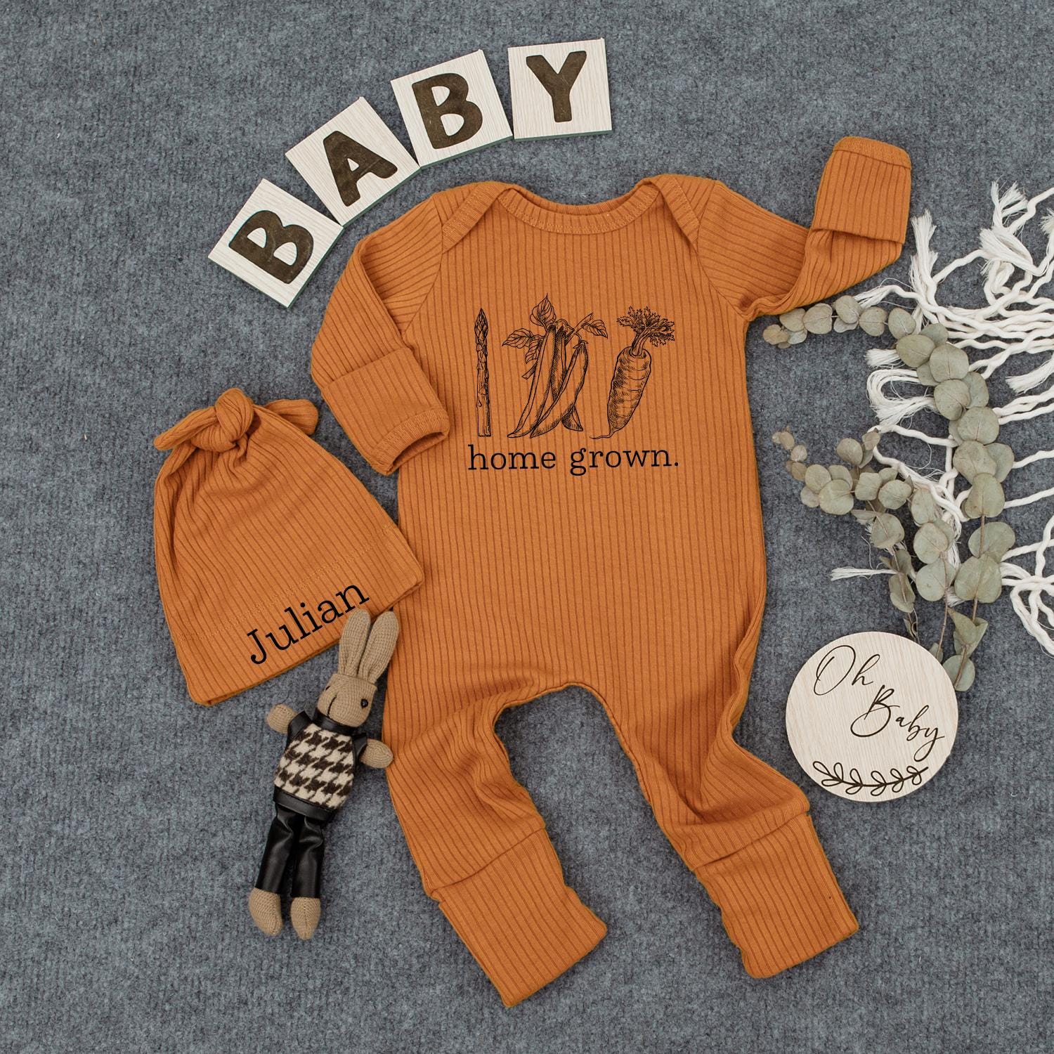 Home Grown Baby Bodysuit and Hat Set Minimalist Natural Sketched Vegetables "home grown." Cute Going Home Outfit Baby Shower Gift