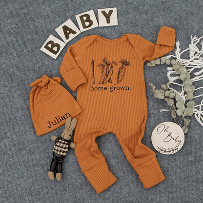Home Grown Baby Bodysuit and Hat Set Minimalist Natural Sketched Vegetables "home grown." Cute Going Home Outfit Baby Shower Gift