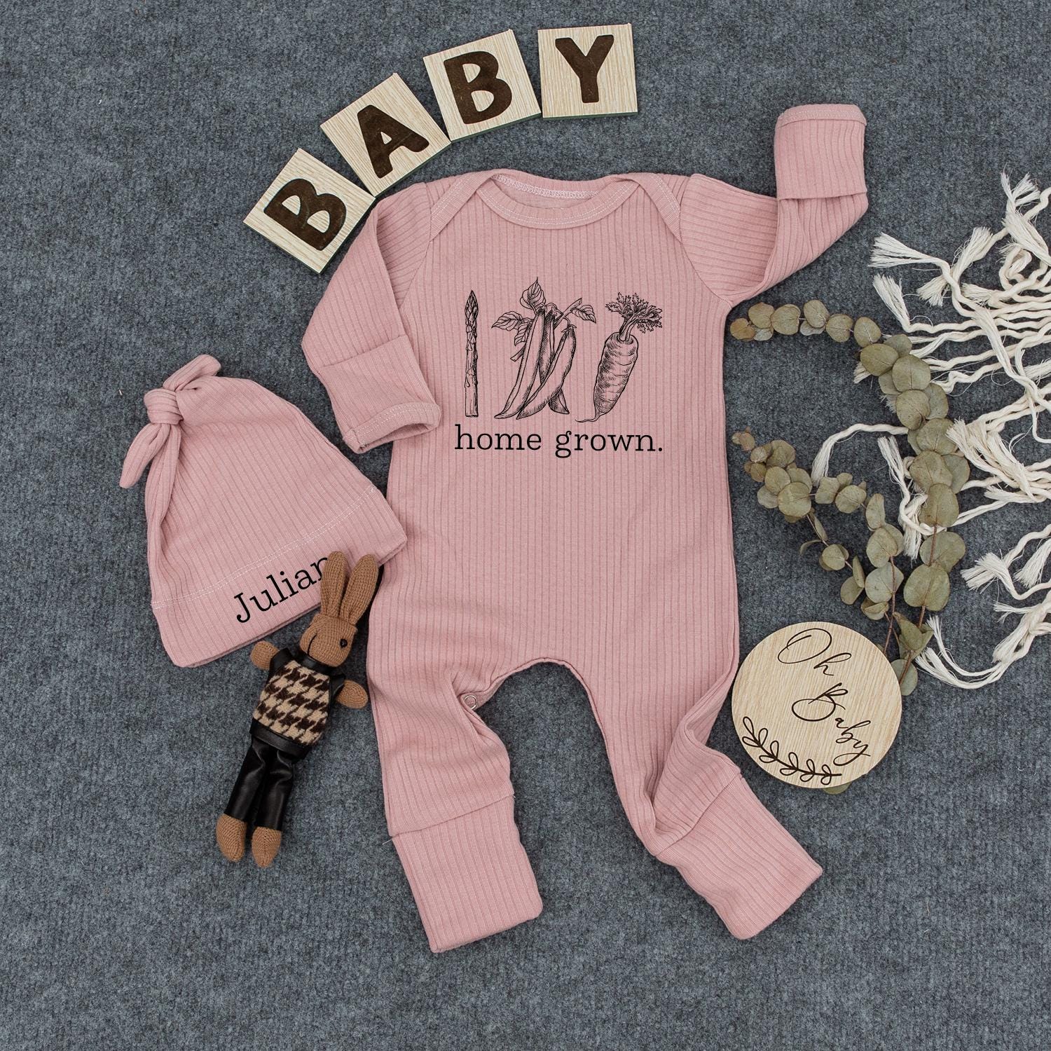 Home Grown Baby Bodysuit and Hat Set Minimalist Natural Sketched Vegetables "home grown." Cute Going Home Outfit Baby Shower Gift