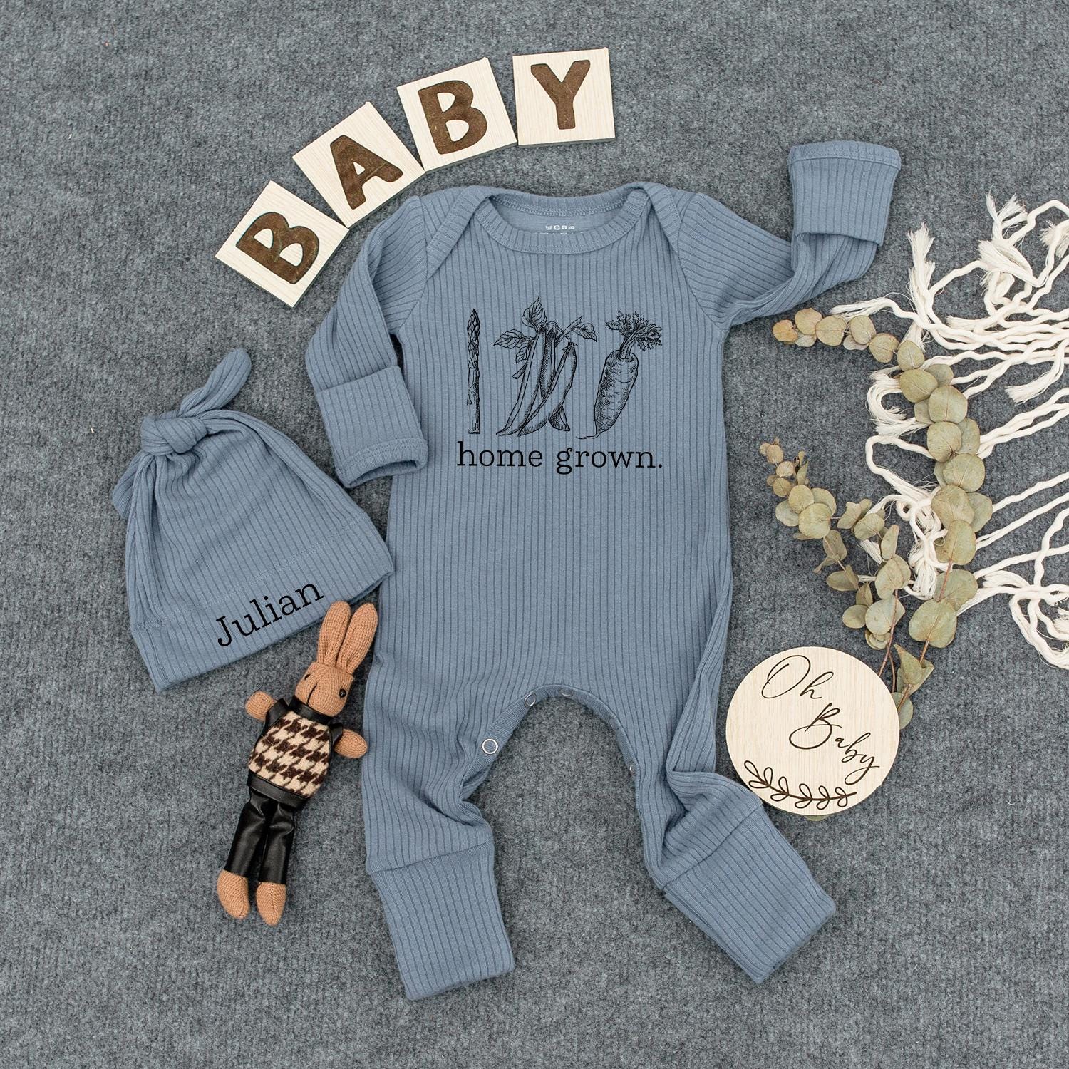 Home Grown Baby Bodysuit and Hat Set Minimalist Natural Sketched Vegetables "home grown." Cute Going Home Outfit Baby Shower Gift