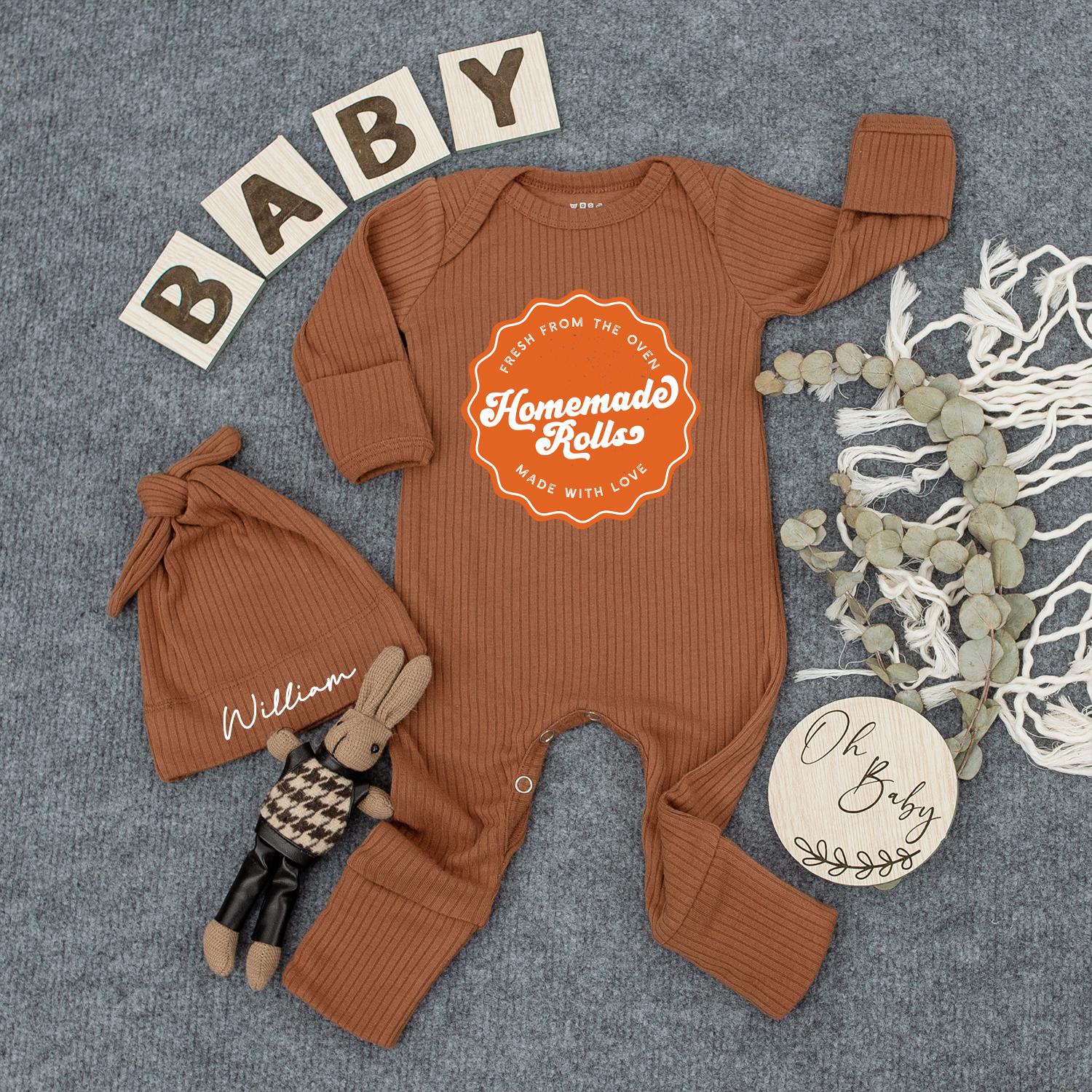 Homemade Rolls Retro Baby Bodysuit Hat Set Fresh from Oven Made with Love Cute Newborn Coming Home Outfit Baby Shower Gift