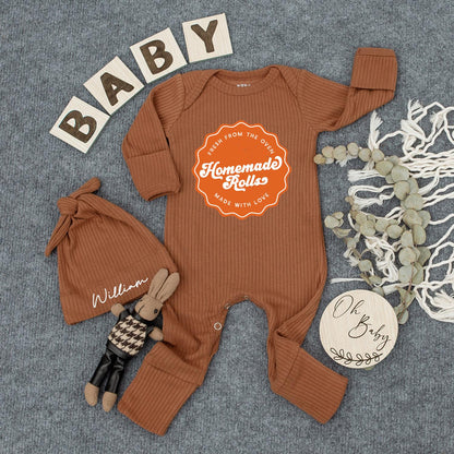 Homemade Rolls Retro Baby Bodysuit Hat Set Fresh from Oven Made with Love Cute Newborn Coming Home Outfit Baby Shower Gift