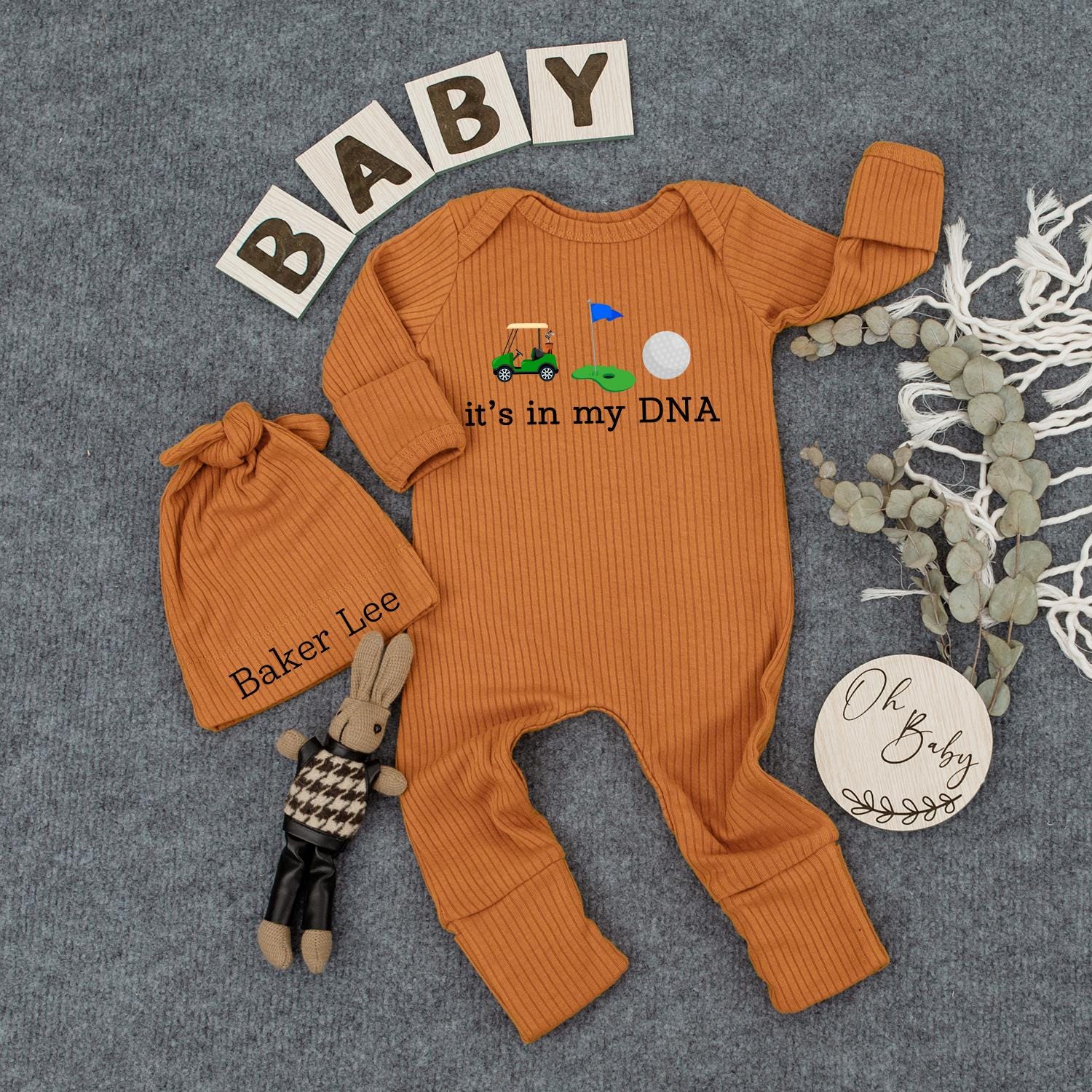 Golf Baby Bodysuit & Hat Set, Gender Neutral Newborn Shower Gift