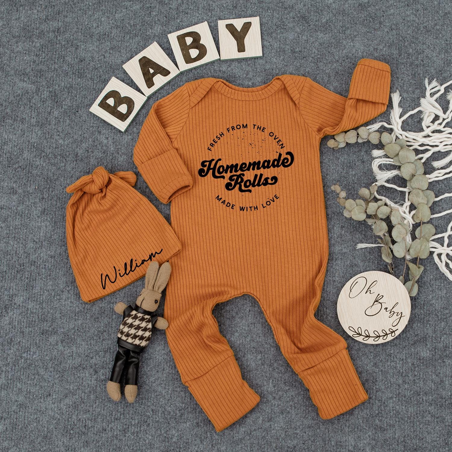 Fresh Homemade Rolls Baby Bodysuit & Hat Set - Retro Style Infant Outfit, Cute Newborn Jumpsuit, Going Home Gift, Gender Neutral Romper (135 chars)