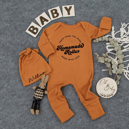 Fresh Homemade Rolls Baby Bodysuit & Hat Set - Retro Style Infant Outfit, Cute Newborn Jumpsuit, Going Home Gift, Gender Neutral Romper (135 chars)