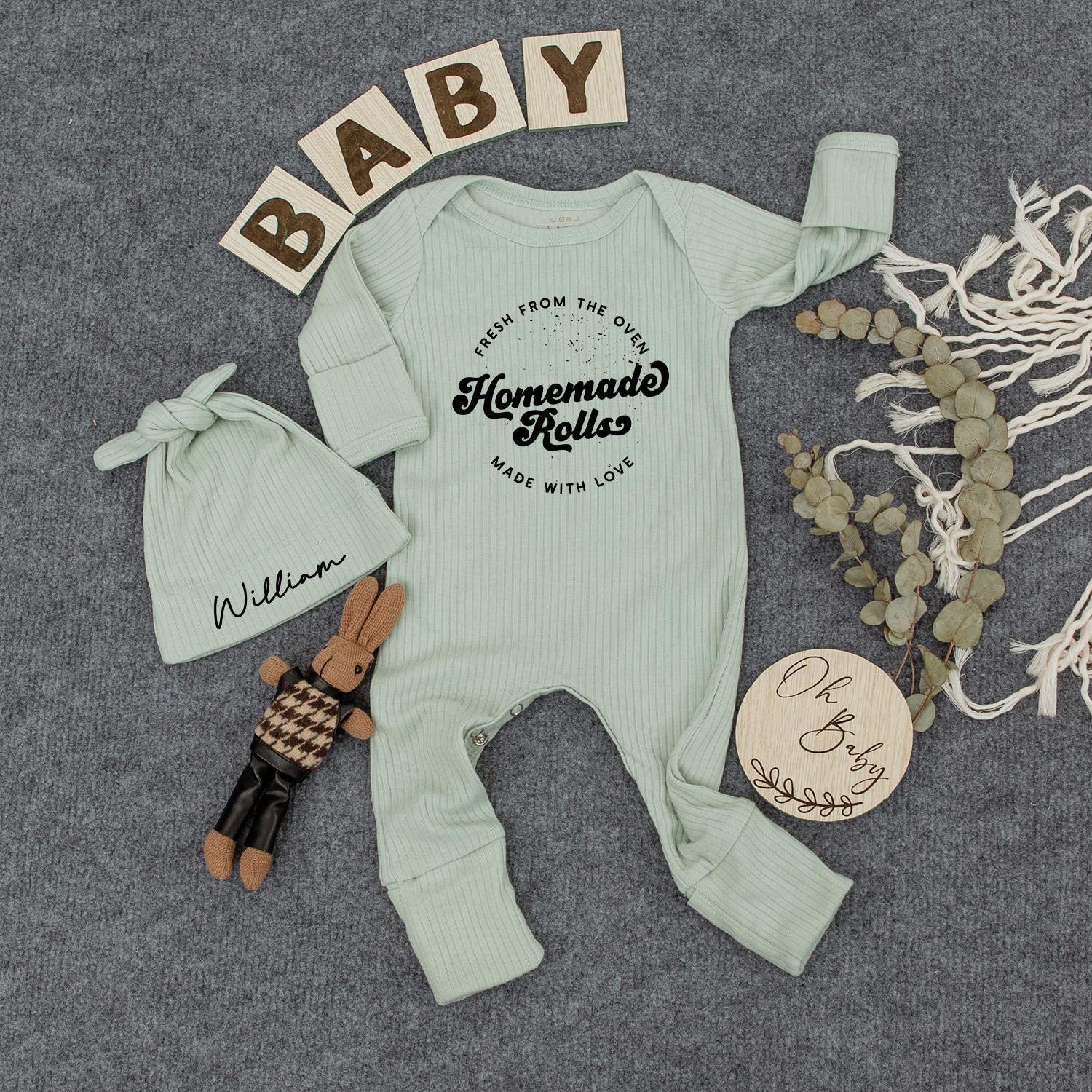 Fresh Homemade Rolls Baby Bodysuit & Hat Set - Retro Style Infant Outfit, Cute Newborn Jumpsuit, Going Home Gift, Gender Neutral Romper (135 chars)