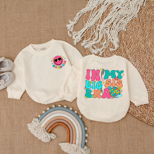 In My Big Sis Era Baby Bubble Romper Retro Pink Smiley Girl Outfit Gift