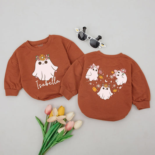Personalized Isabella Ghost Halloween Romper Cute Cartoon Floral Crown Baby Bodysuit Whimsical Fall Outfit Newborn Toddler Infant Girl Gift