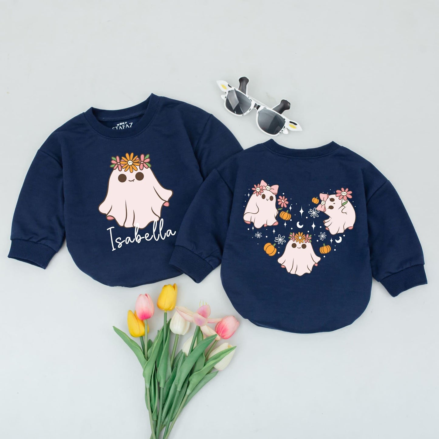 Personalized Isabella Ghost Halloween Romper Cute Cartoon Floral Crown Baby Bodysuit Whimsical Fall Outfit Newborn Toddler Infant Girl Gift