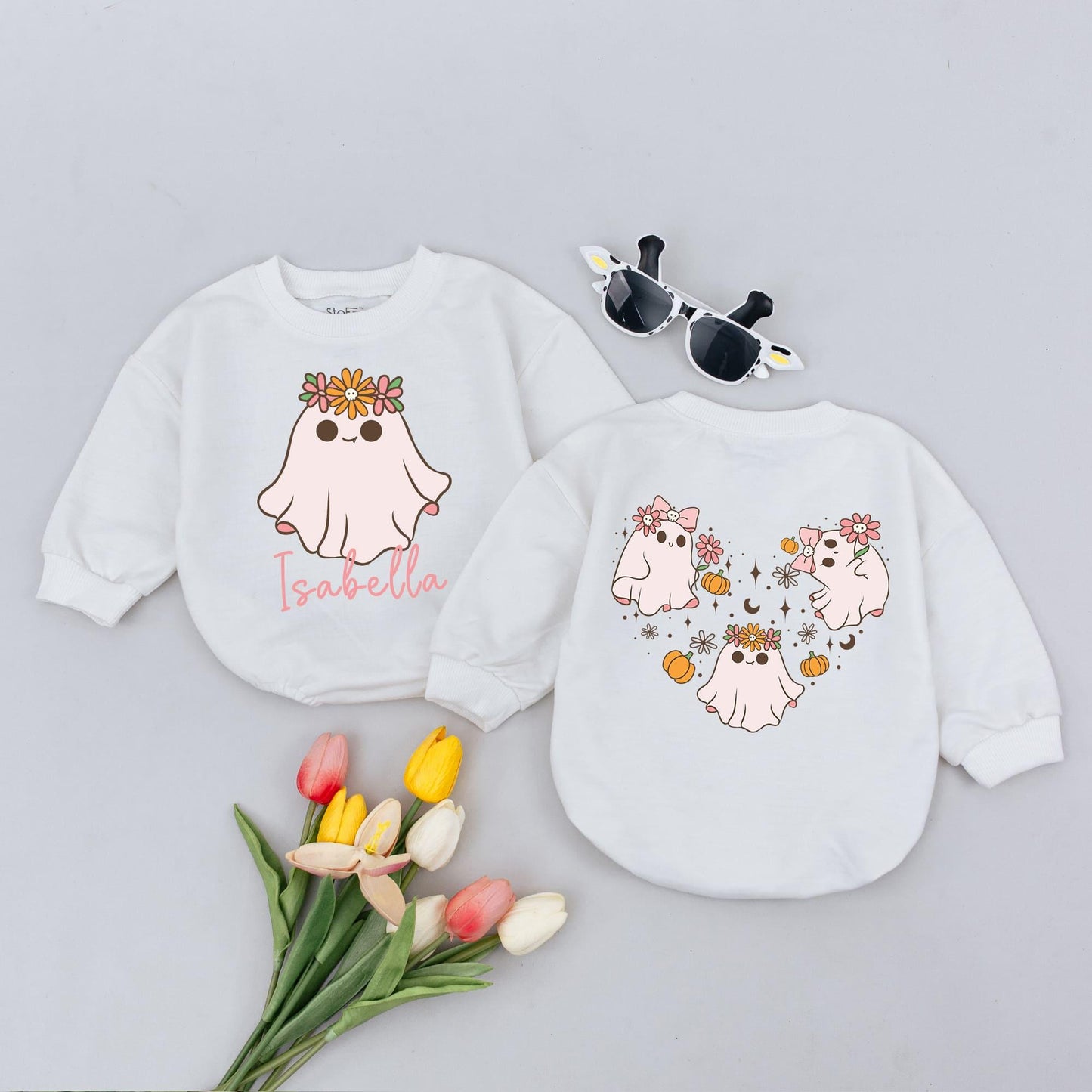 Personalized Isabella Ghost Halloween Romper Cute Cartoon Floral Crown Baby Bodysuit Whimsical Fall Outfit Newborn Toddler Infant Girl Gift