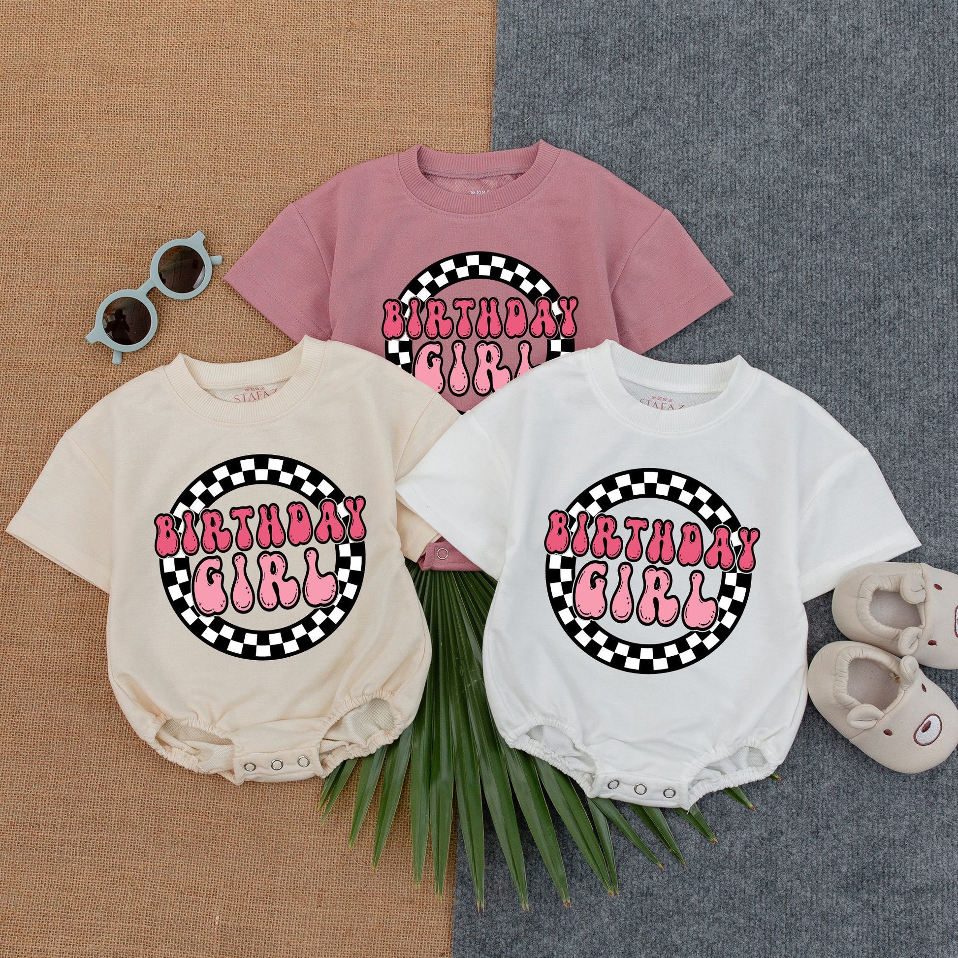Personalized Birthday Girl Romper Checkered 1st Birthday Outfit Custom Name Pink Retro First Birthday Romper Baby Girl One Year Old Clothes