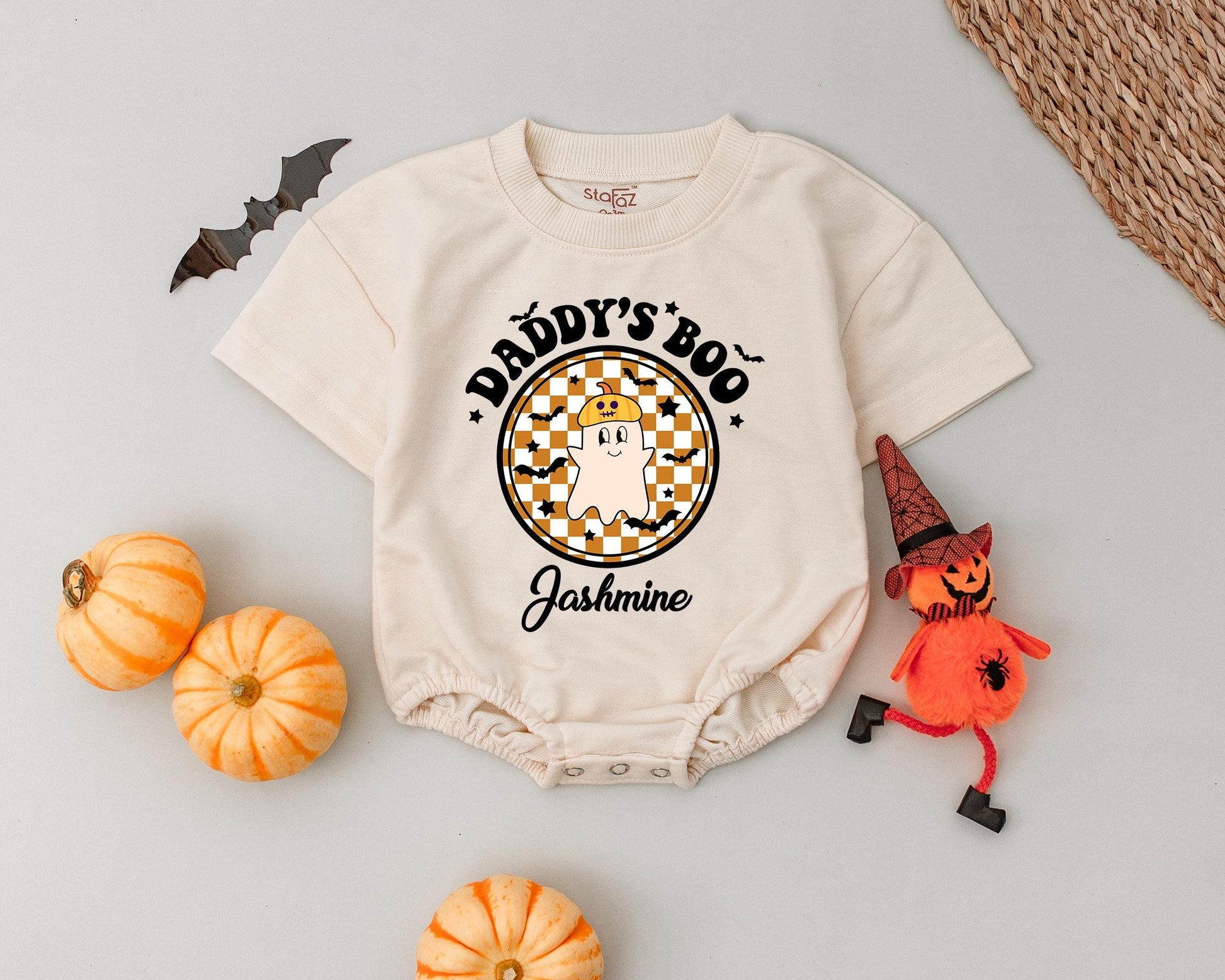 Custom Jashmine's First Halloween Romper: Daddy's Boo Vintage Ghost Outfit, Adorable Baby Boy Girl Bodysuit, Pumpkin Hat Spooky Celebration (138 chars)