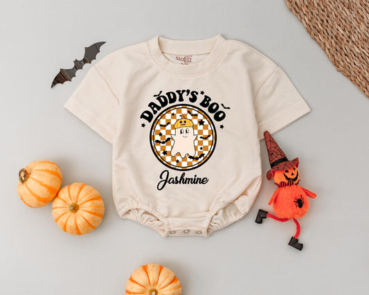 Custom Jashmine's First Halloween Romper: Daddy's Boo Vintage Ghost Outfit, Adorable Baby Boy Girl Bodysuit, Pumpkin Hat Spooky Celebration (138 chars)