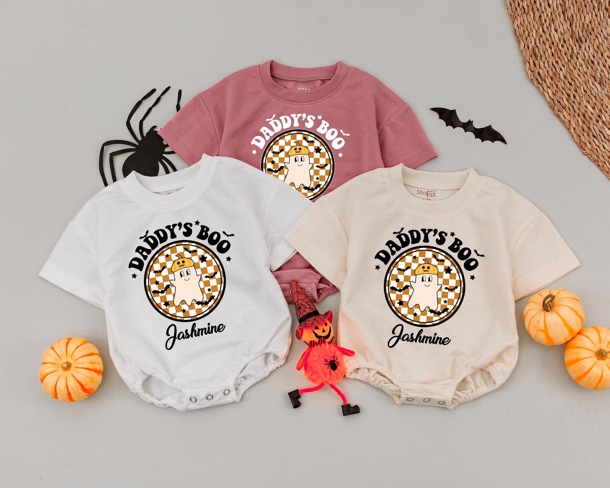 Custom Jashmine's First Halloween Romper: Daddy's Boo Vintage Ghost Outfit, Adorable Baby Boy Girl Bodysuit, Pumpkin Hat Spooky Celebration (138 chars)