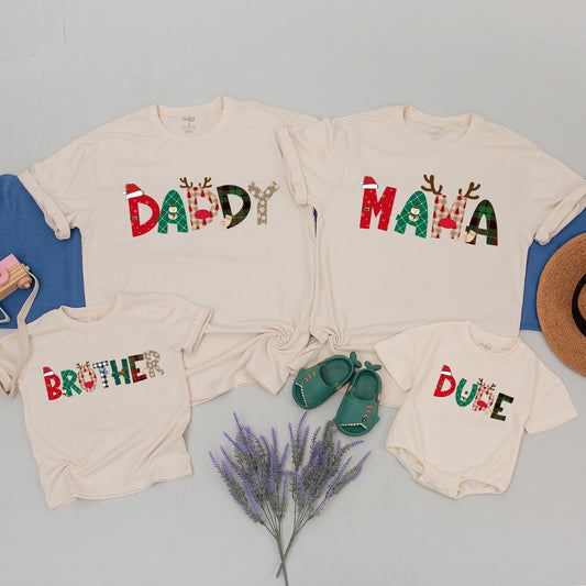 Festive Christmas Family Shirts Mama Daddy Brother Dude Matching Holiday Plaid Snowflakes Santa Reindeer Red Green Fun Family Reunion Tees