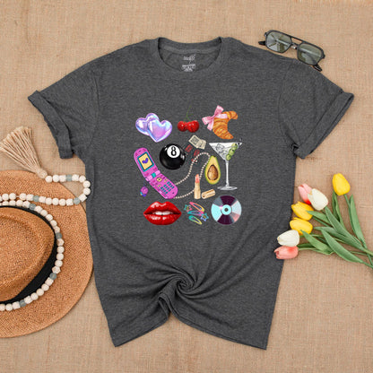 Y2K Collage Graphic Tee Fun Retro Hearts Cherries Croissant Flip Phone Martini Glass Summer Shirt Gift for Her