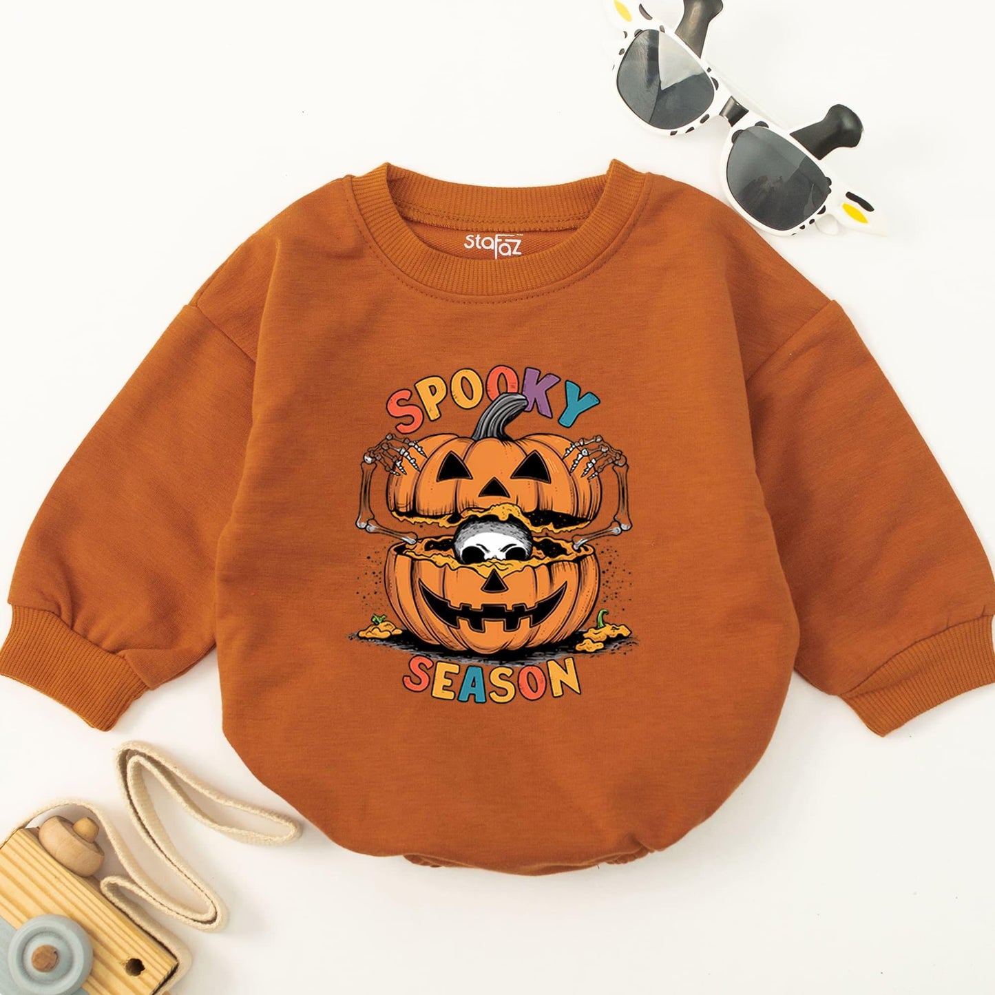 Spooky Season Baby Romper with Cute Jack-o'-Lantern Stack & Skeleton Hands, First Halloween Bodysuit Outfit, Festive Fall Infant Gift