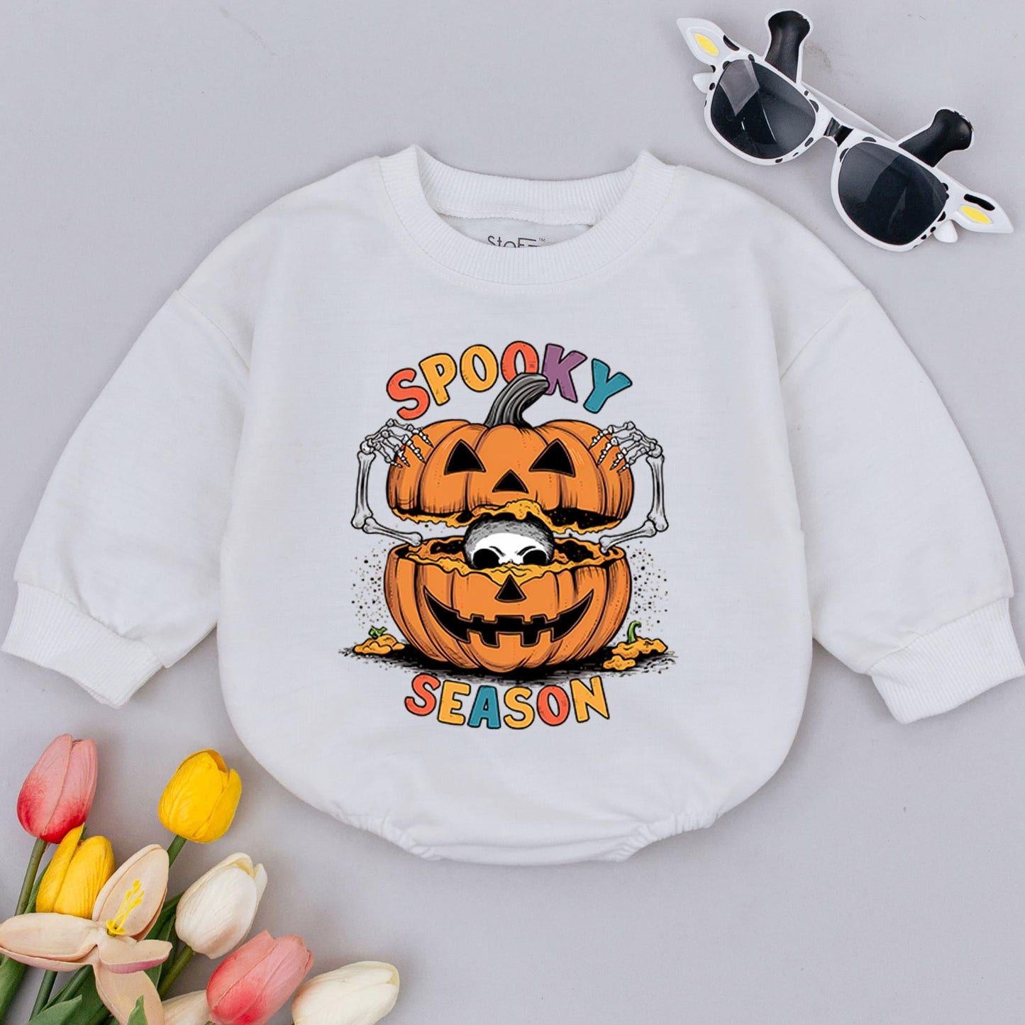 Spooky Season Baby Romper with Cute Jack-o'-Lantern Stack & Skeleton Hands, First Halloween Bodysuit Outfit, Festive Fall Infant Gift