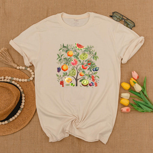 Whimsical Fruits of Palestine Tee, Vintage Orchard Graphic Top, Women's & Unisex Style, Watercolor Fruit Tree Shirt, Cute Trendy Summer Top Gift for Her (139 chars)