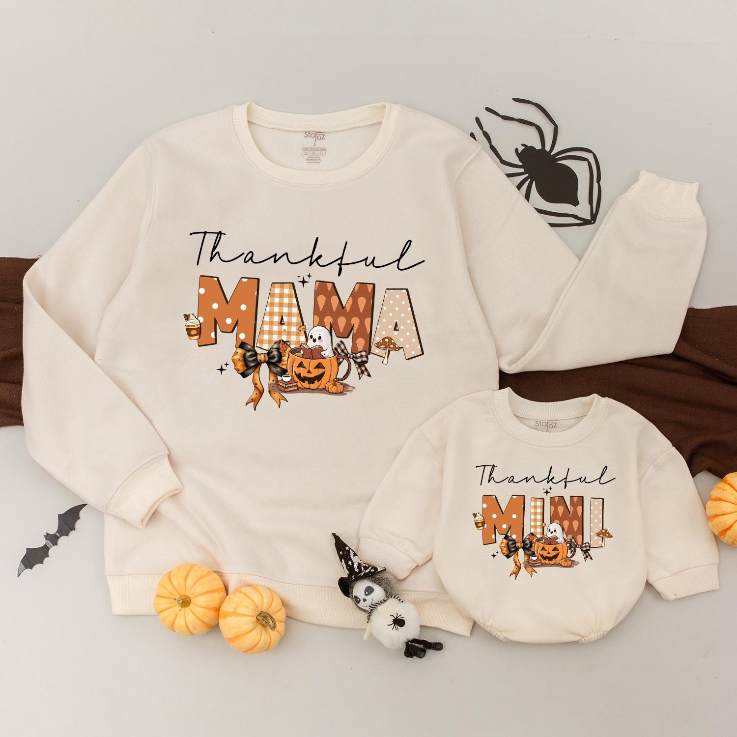 Thankful Mama Mini Fall Sweatshirt Matching Family Outfit Brown Orange Gingham Polka Dot Pumpkin Ghost Leaves Acorns Autumn Thanksgiving Gift