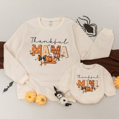 Thankful Mama Mini Fall Sweatshirt Matching Family Outfit Brown Orange Gingham Polka Dot Pumpkin Ghost Leaves Acorns Autumn Thanksgiving Gift