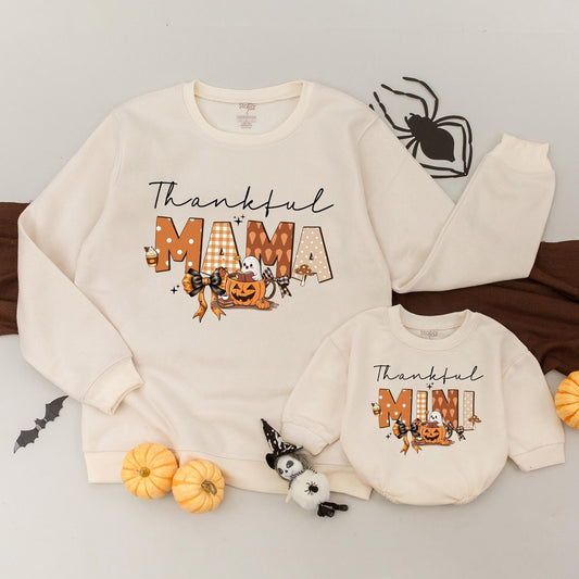 Thankful Mama Mini Fall Sweatshirt Matching Family Outfit Brown Orange Gingham Polka Dot Pumpkin Ghost Leaves Acorns Autumn Thanksgiving Gift