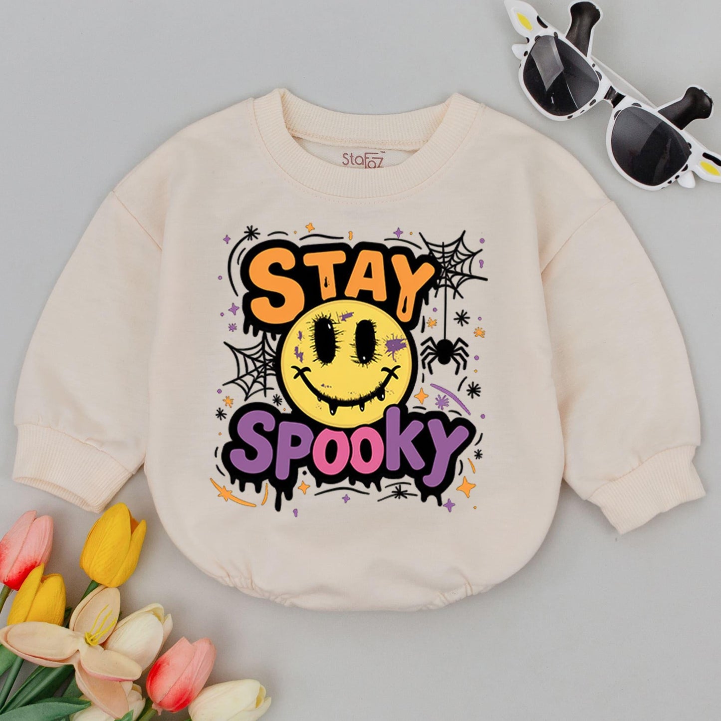 Stay Spooky Baby Romper 1st Halloween Bodysuit Cute Fall Outfit Smiley Face Spiderweb Retro Infant Clothes Orange Purple Gift