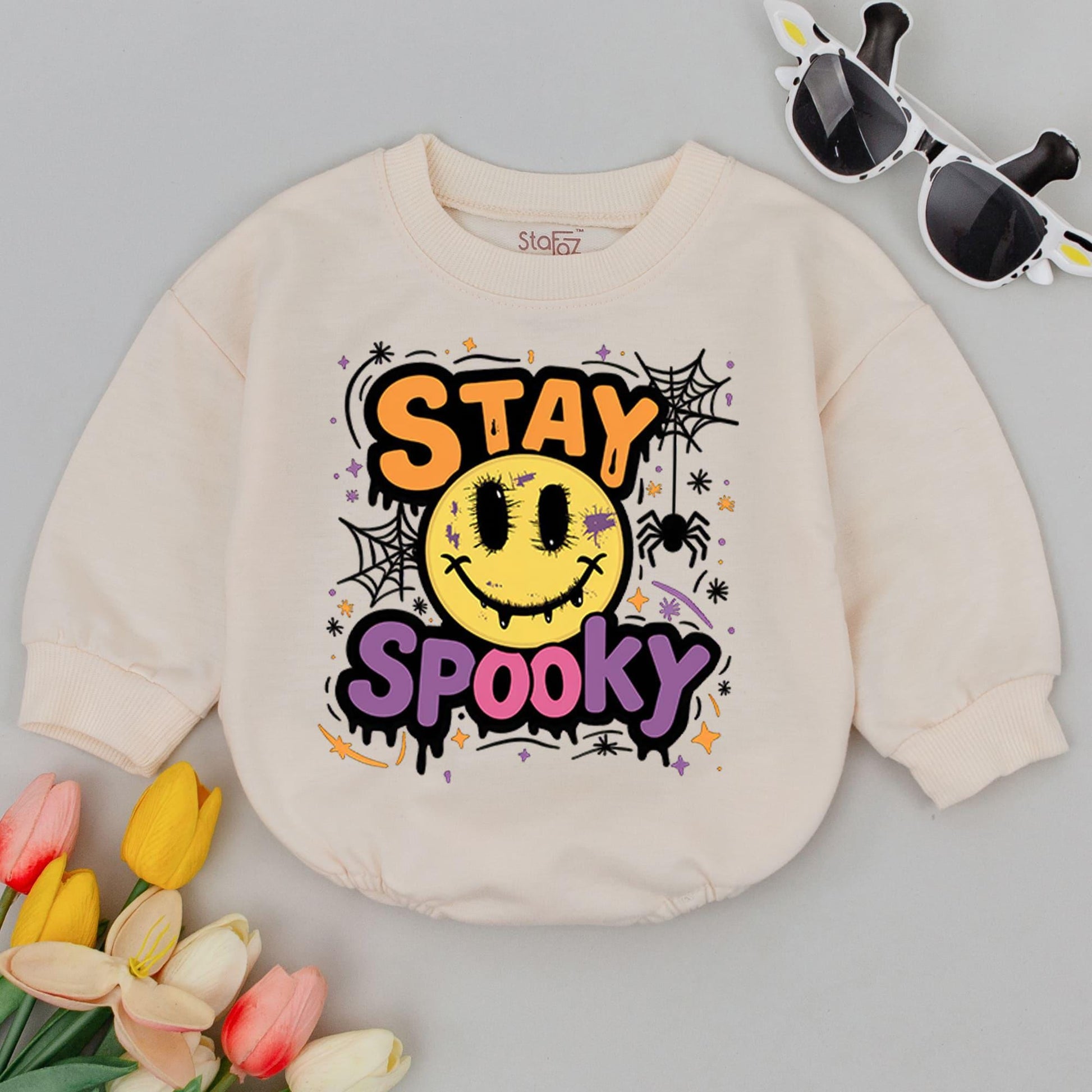 Stay Spooky Baby Romper 1st Halloween Bodysuit Cute Fall Outfit Smiley Face Spiderweb Retro Infant Clothes Orange Purple Gift