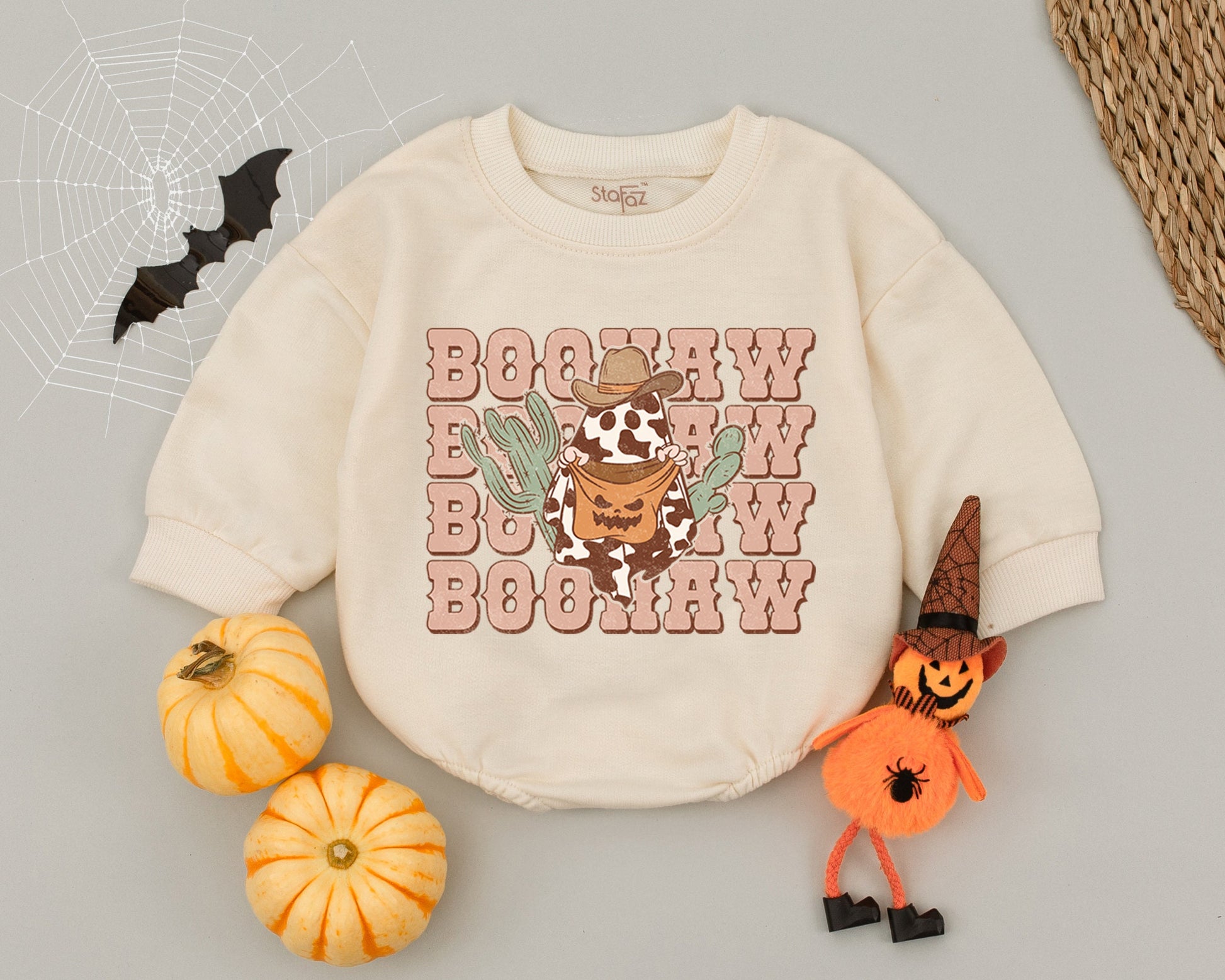 Retro Western Boo Haw Ghost Baby Romper - Cute 1st Halloween Outfit