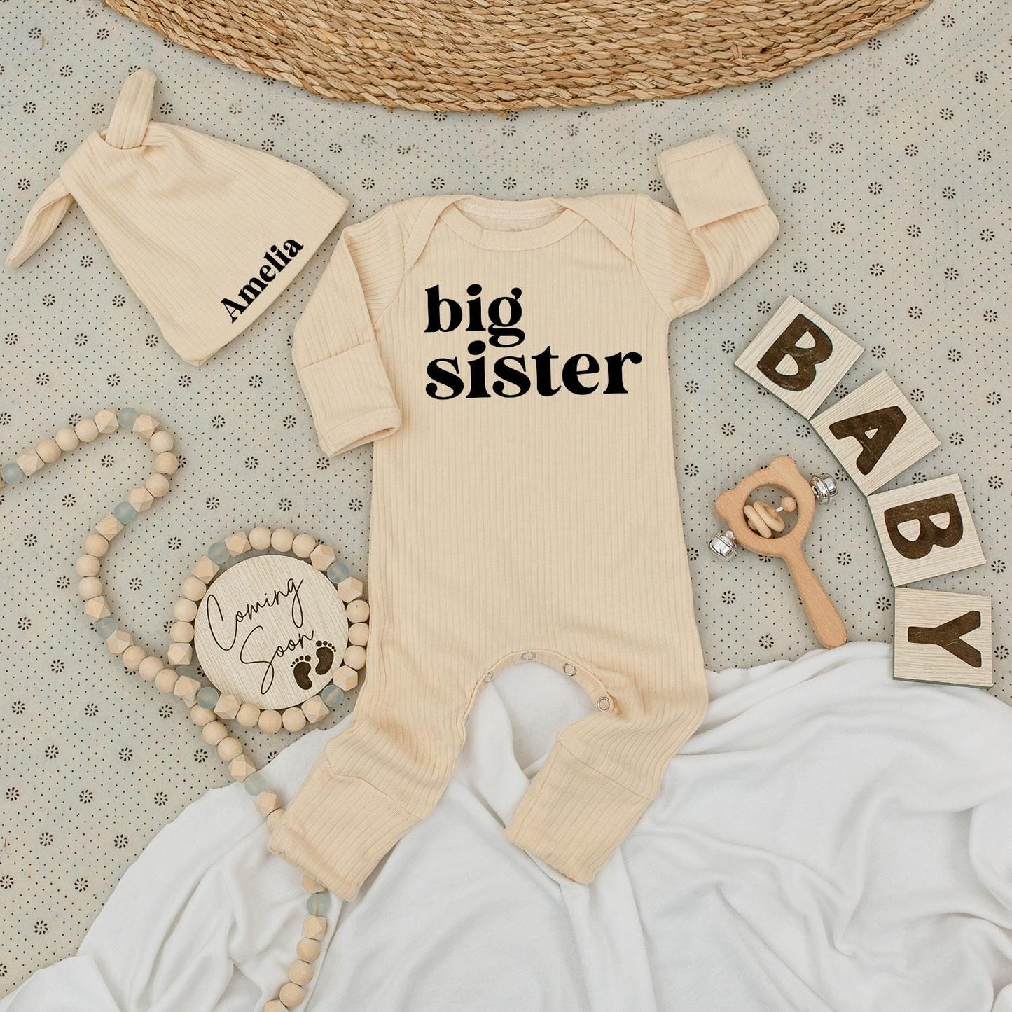 Cute Big Sister Bodysuit & Hat Set Personalized Amelia Newborn Baby Girl Outfit Gift