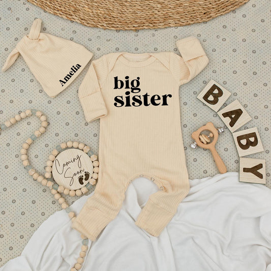 Cute Big Sister Bodysuit & Hat Set Personalized Amelia Newborn Baby Girl Outfit Gift