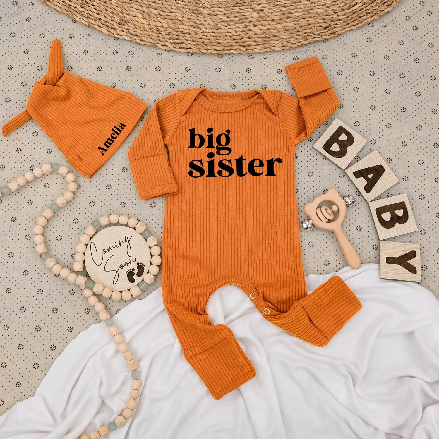 Cute Big Sister Bodysuit & Hat Set Personalized Amelia Newborn Baby Girl Outfit Gift