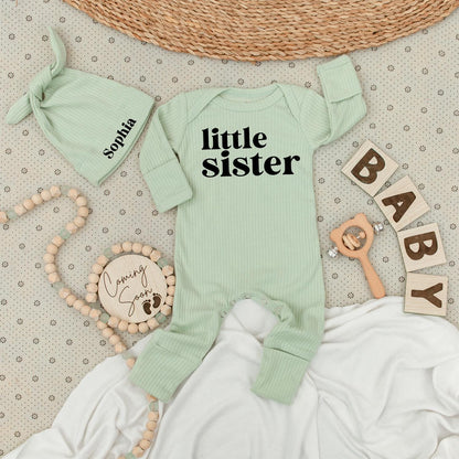 Little Sister Outfit: Personalized Bodysuit & Hat Set, Custom Name Baby Gift, Newborn Girl Clothes, Cute Coming Soon Outfit for Sophia, Modern Sister Set