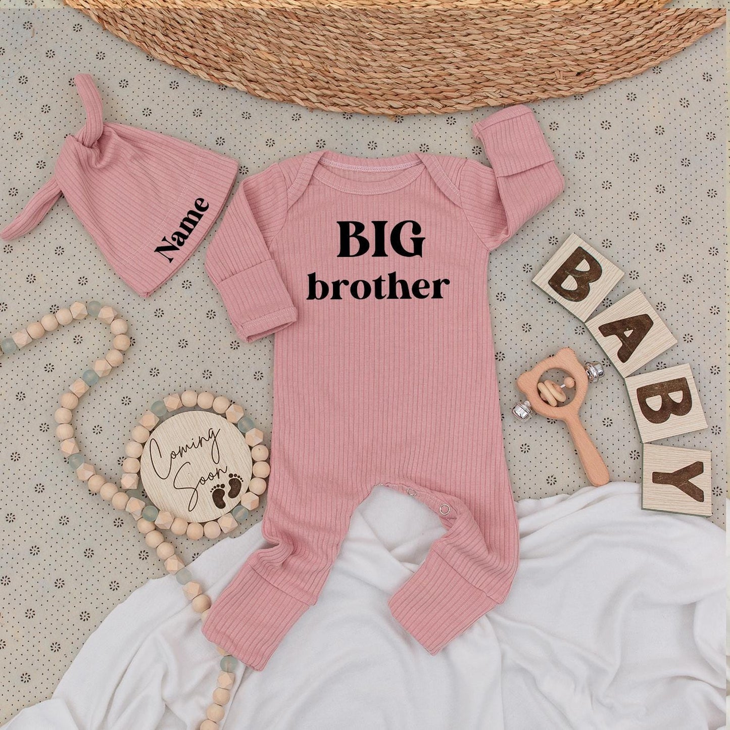 Big Brother Bodysuit Hat Set, Personalized Name Outfit Coming Soon Newborn Baby Boy Gift Set, Minimalist Baby Clothes Sibling Reveal Outfit 139