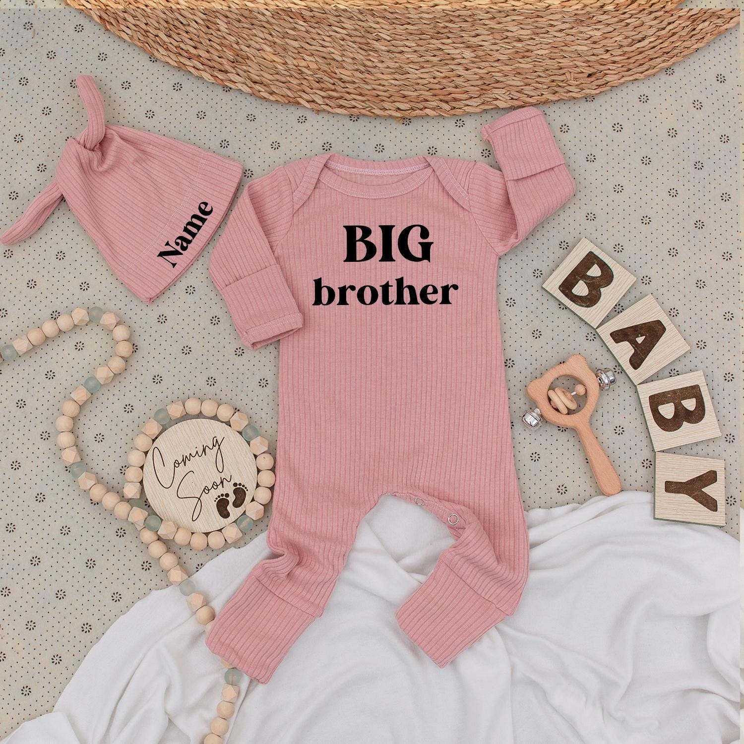 Big Brother Bodysuit Hat Set, Personalized Name Outfit Coming Soon Newborn Baby Boy Gift Set, Minimalist Baby Clothes Sibling Reveal Outfit 139