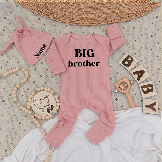 Big Brother Bodysuit Hat Set, Personalized Name Outfit Coming Soon Newborn Baby Boy Gift Set, Minimalist Baby Clothes Sibling Reveal Outfit 139