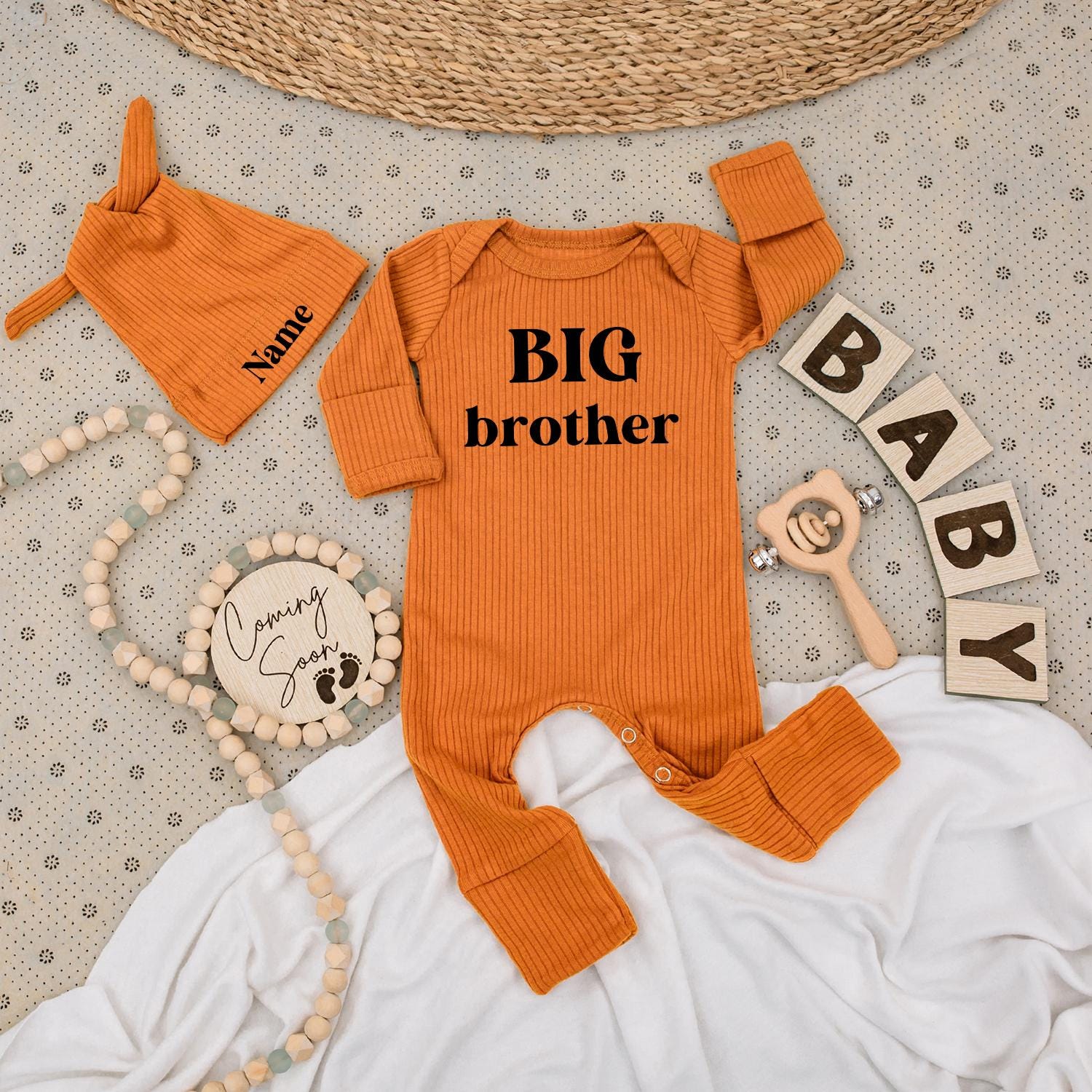 Big Brother Bodysuit Hat Set, Personalized Name Outfit Coming Soon Newborn Baby Boy Gift Set, Minimalist Baby Clothes Sibling Reveal Outfit 139