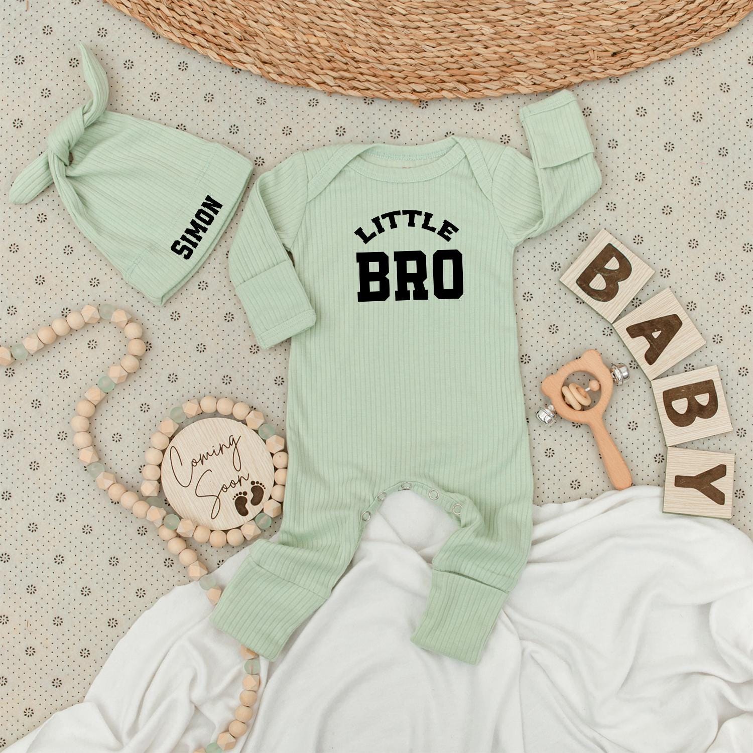 Little Brother Bodysuit and Hat Set Black Text "LITTLE BRO" "SIMON" Newborn Boy Gift Minimalist Modern Baby Outfit