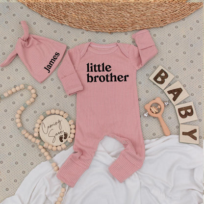 Little Brother Bodysuit & Hat Set - James Name, Baby Boy Outfit, Modern Minimalist Newborn Gift, Coming Soon Announcement