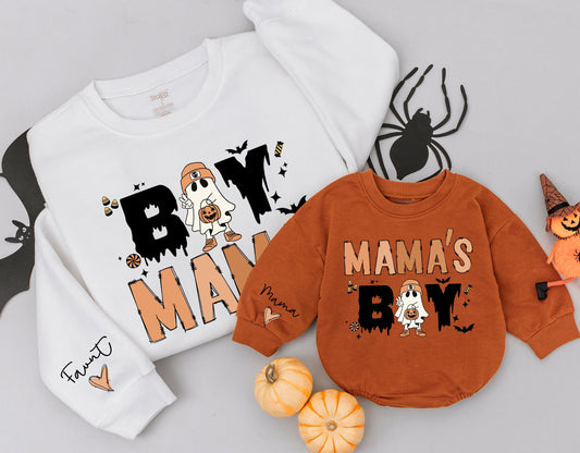 Cozy Mommy and Me Retro Halloween Sweatshirts featuring Vintage Ghost for Boy Mama Mama's Boy Matching Family Outfits Fall