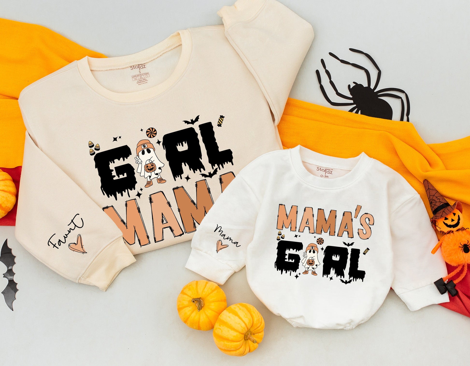 Cozy Girl Mama and Mama's Girl Matching Mommy and Me Retro Halloween Sweatshirts Vintage Ghost Family Costume Outfit