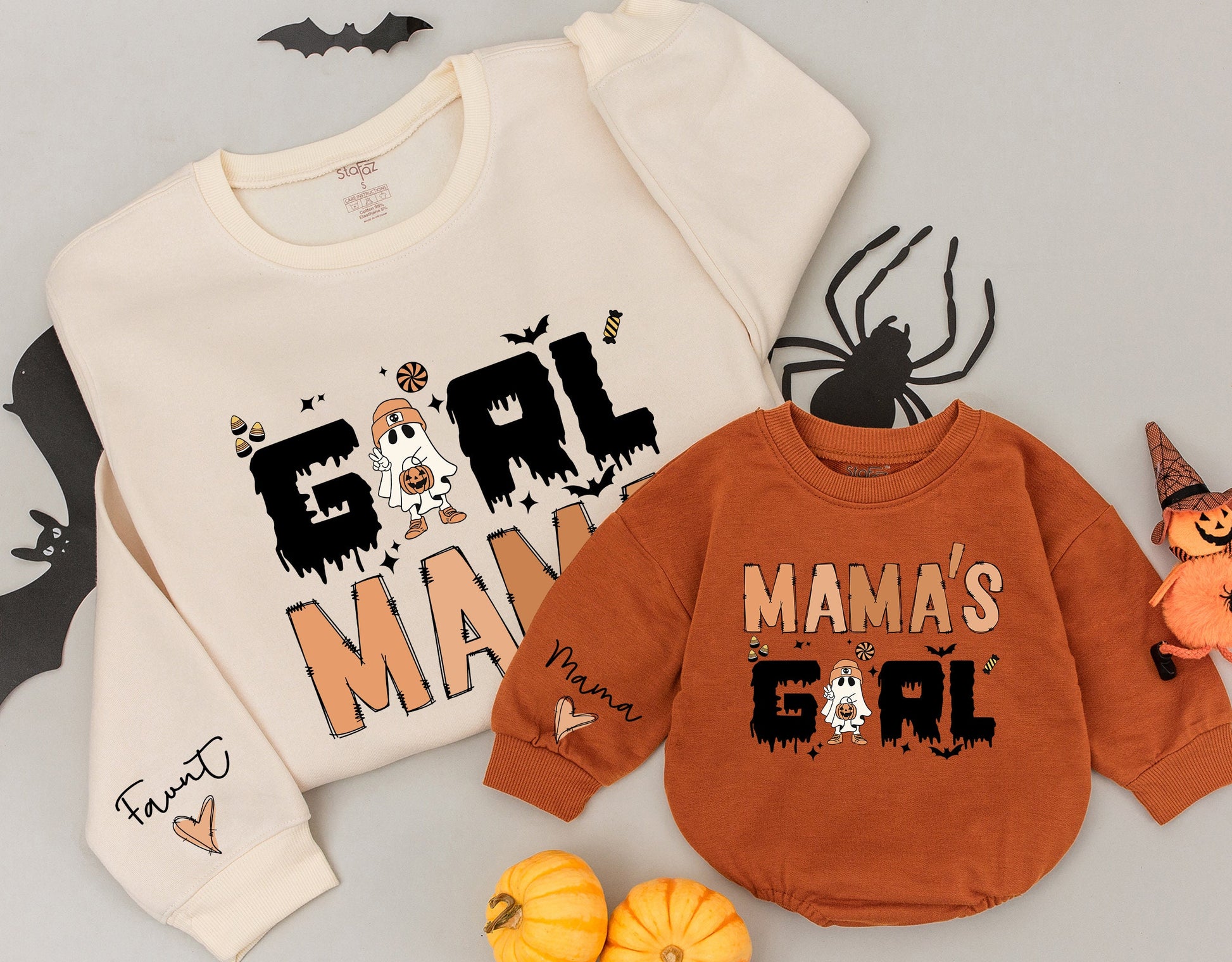 Cozy Girl Mama and Mama's Girl Matching Mommy and Me Retro Halloween Sweatshirts Vintage Ghost Family Costume Outfit