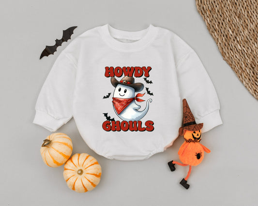 Retro Western Baby Halloween Romper – Cute Pumpkin Ghost Costume