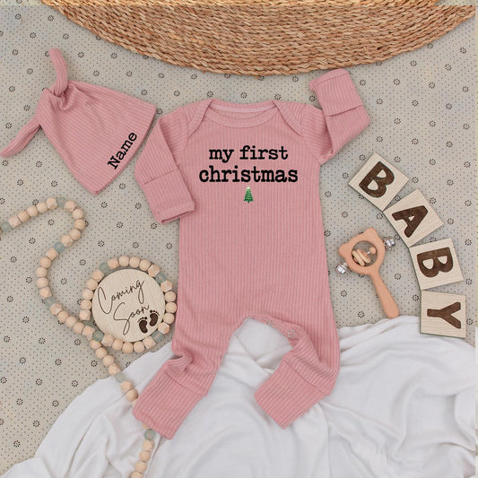 My First Christmas Baby Bodysuit & Hat Set Minimalist Tree Name Outfit Newborn Unisex Gift 1st Xmas