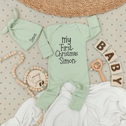 Simon's First Christmas Baby Bodysuit and Hat Set Cute Personalized Name Bubble Romper Unisex Baby Gift for Holiday Celebrations