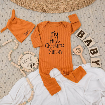 Simon's First Christmas Baby Bodysuit and Hat Set Cute Personalized Name Bubble Romper Unisex Baby Gift for Holiday Celebrations