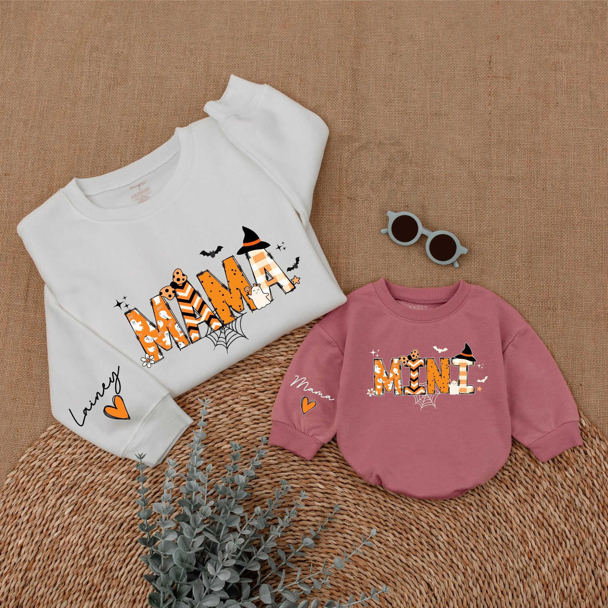 Custom Mama and Mini Halloween Sweatshirts Cute Ghost Spiderweb Design Spooky Season Matching Mom and Me Outfit Orange Black Witch Bat Stars